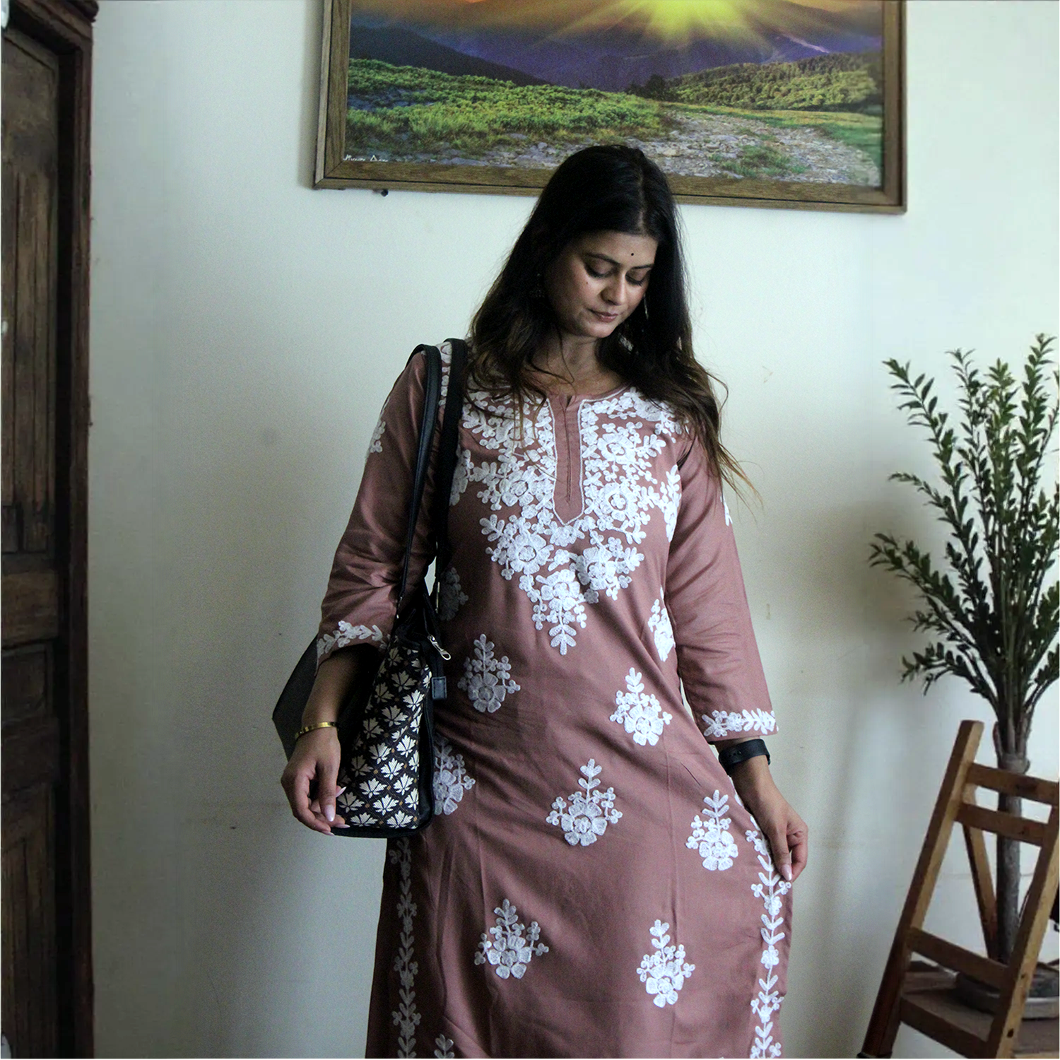 Noor Mocha Brown Embroidered Kurta Set