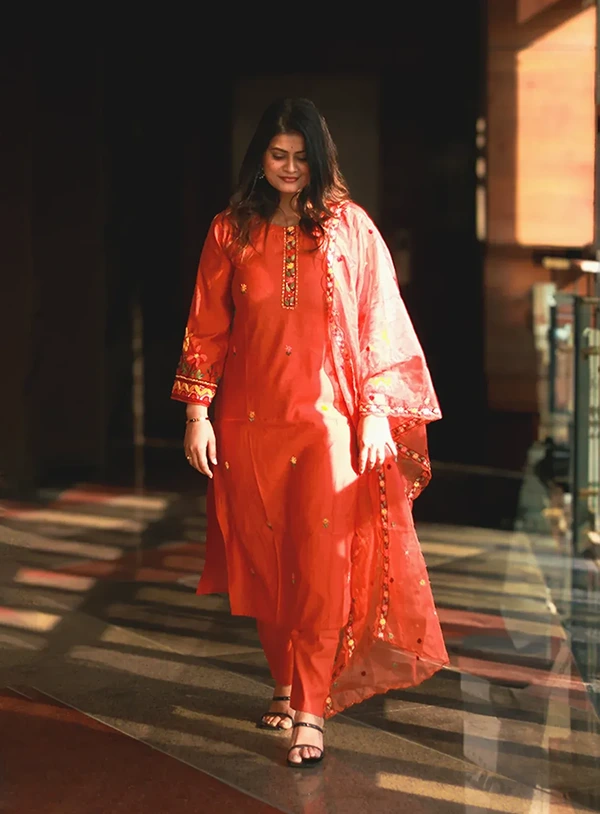 Embroidered Roman Silk Orange Kurta Set with Salwar & Dupatta