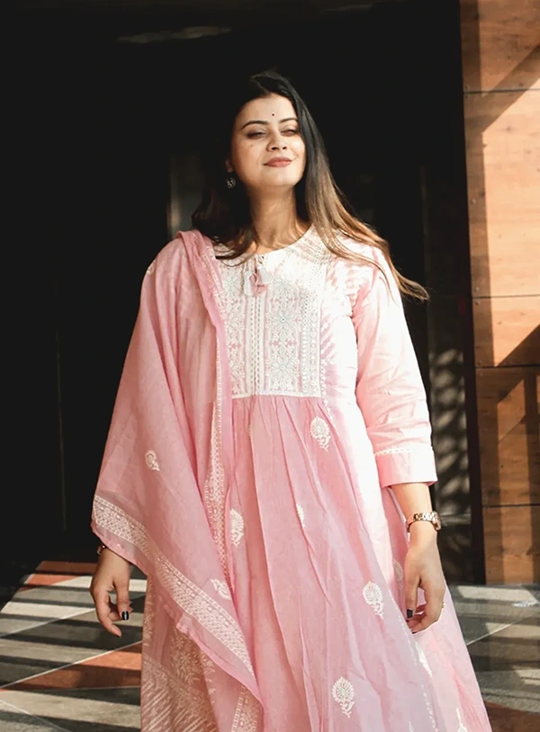 Baby Pink Cotton Anarkali Suit with Pant & Dupatta