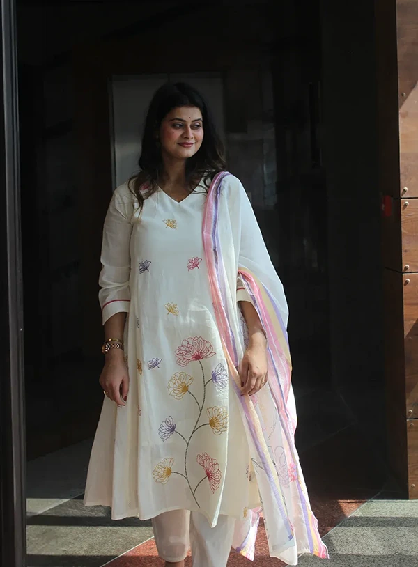 Blossom Breeze White & Pastel Hand-Embroidered Suit Set