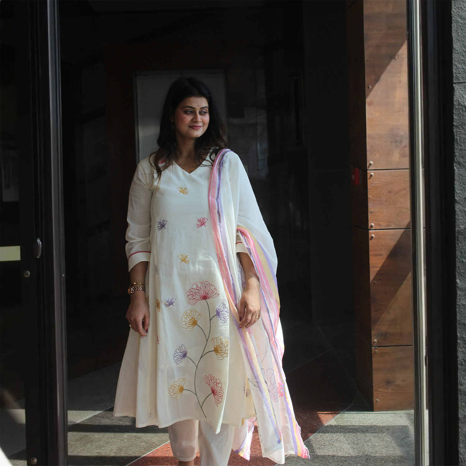 Blossom Breeze White & Pastel Hand-Embroidered Suit Set