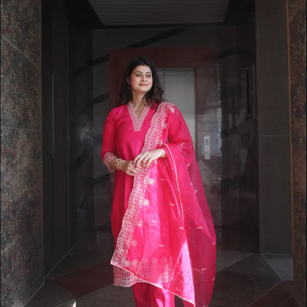 Gulnaar Fuchsia Embroidered Cotton Suit Set