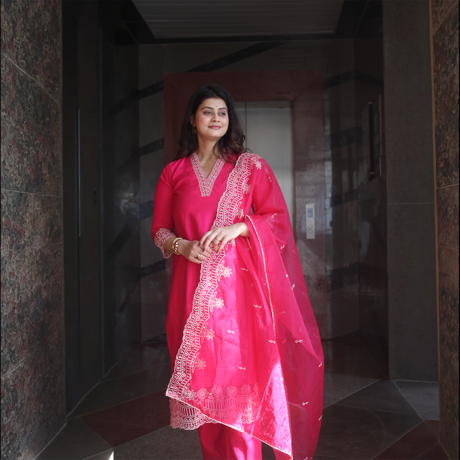 Gulnaar Fuchsia Embroidered Cotton Suit Set