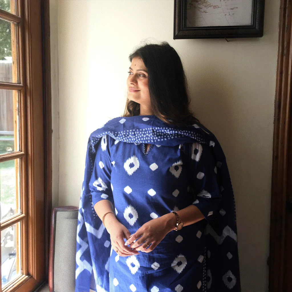 Indigo Ikat Print Cotton Suit Set