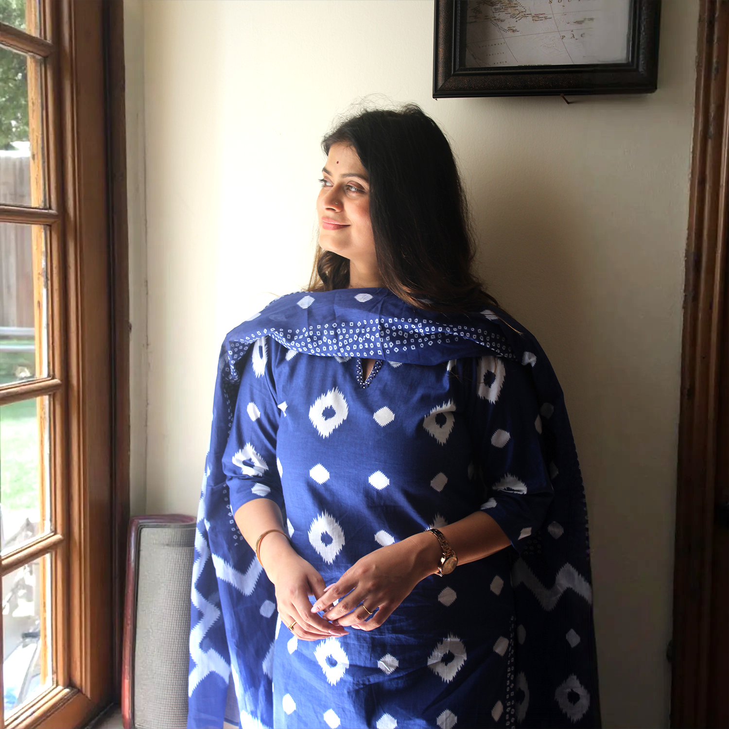 Indigo Ikat Print Cotton Suit Set