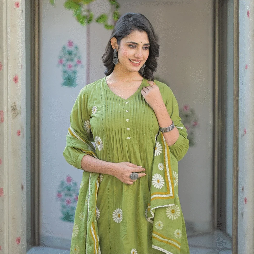 Daisy Olive Green Embroidered Kurta Set