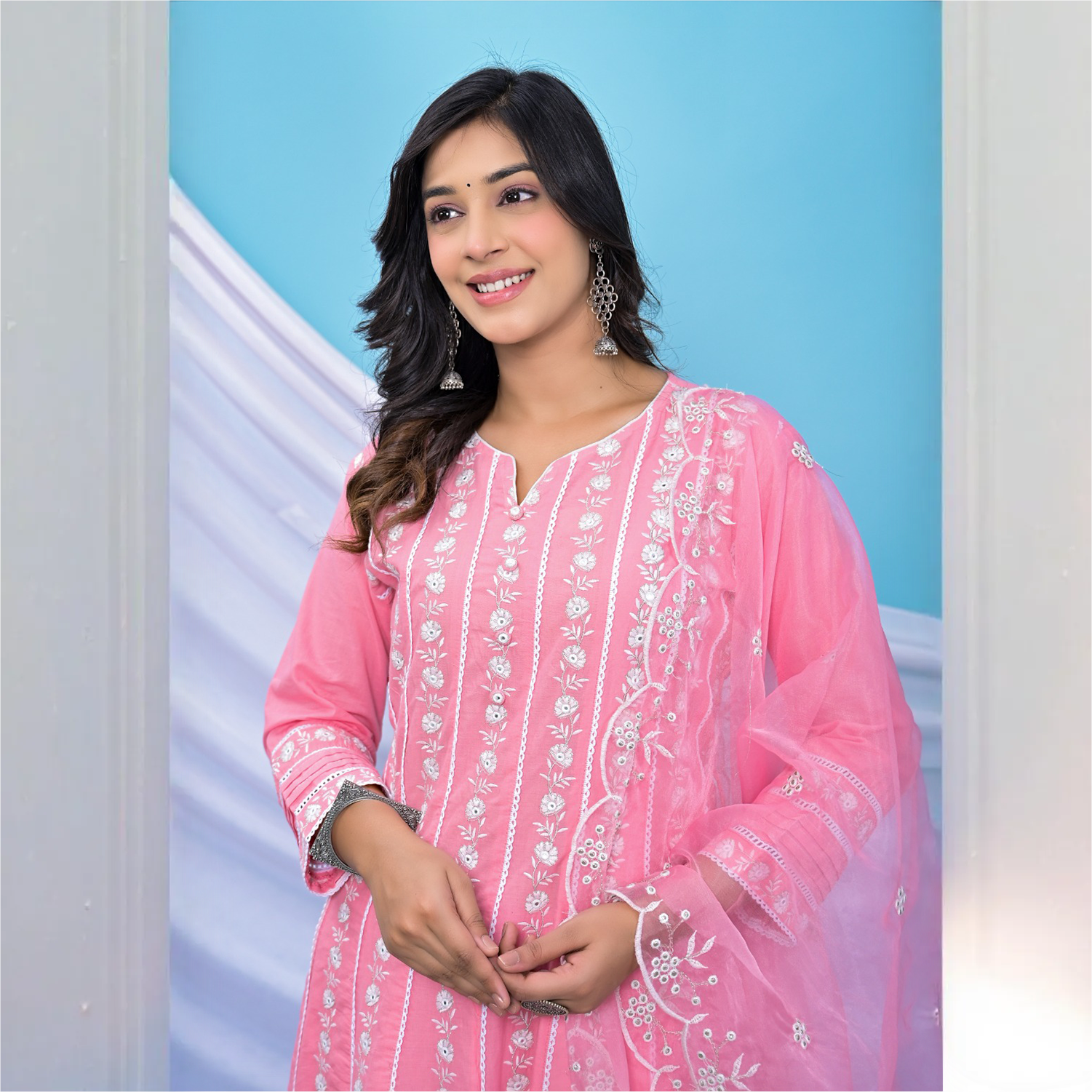 Gulnaar Pink Embroidered Anarkali Set