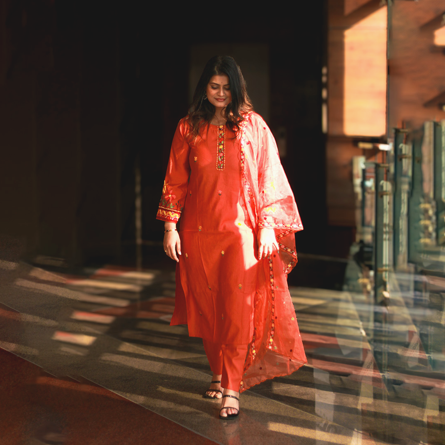 Embroidered Roman Silk Orange Kurta Set with Salwar & Dupatta