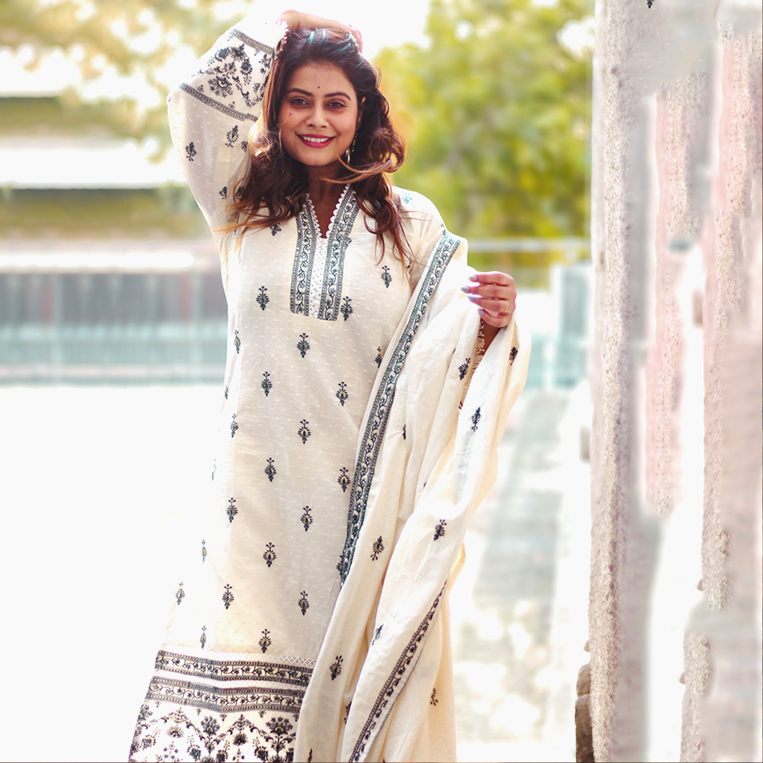 Off-White Pakistani Khadi Suit with Grey Embroidery & Handcrafted Thread Work