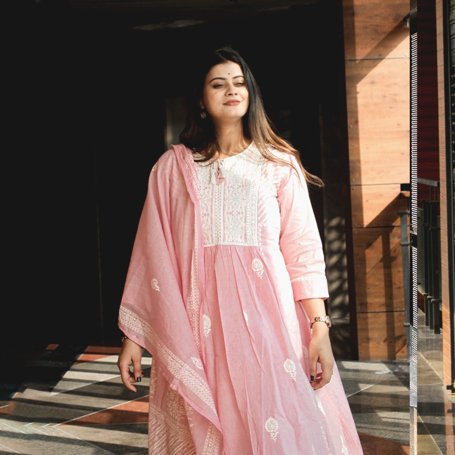 Baby Pink Cotton Anarkali Suit with Pant & Dupatta