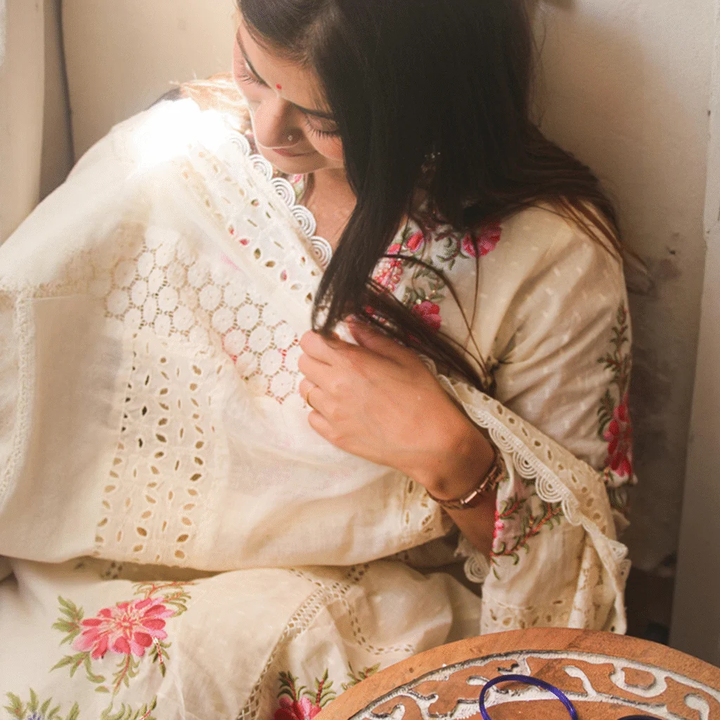 Royal Grace White & Pink Embroidered Suit Set