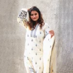 Off-White Pakistani Khadi Suit with Grey Embroidery & Handcrafted Thread Work