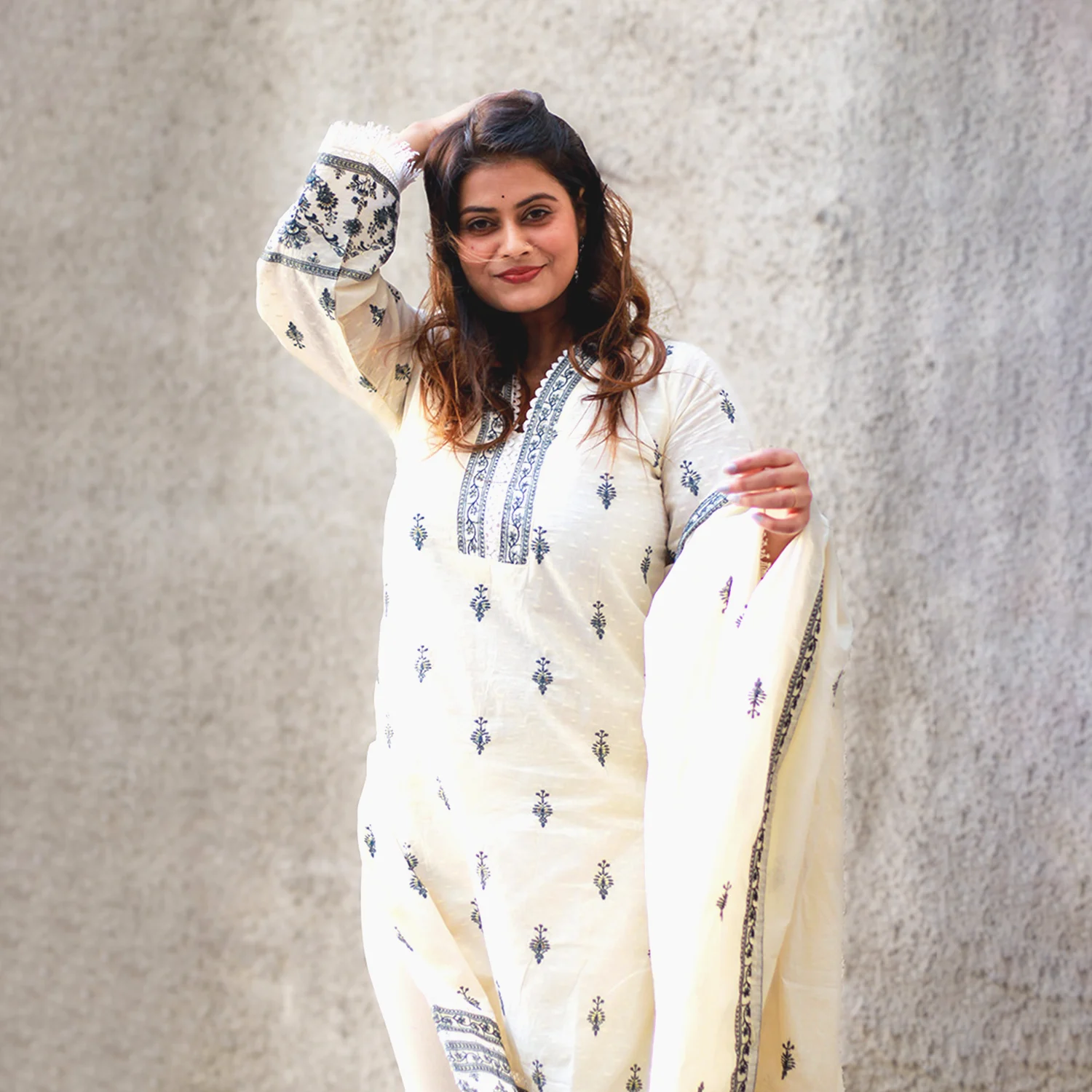 Off-White Pakistani Khadi Suit with Grey Embroidery & Handcrafted Thread Work