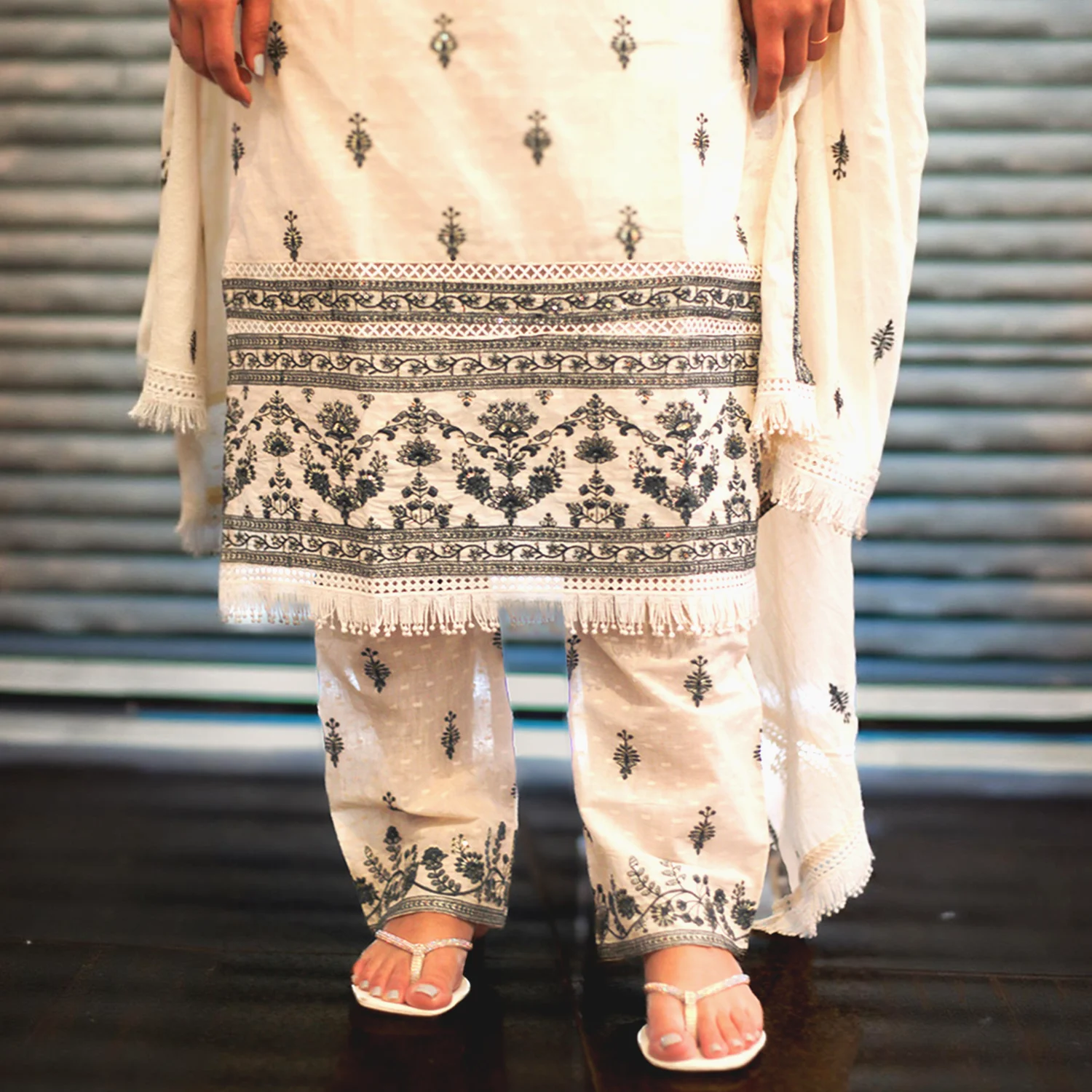 Off-White Pakistani Khadi Suit with Grey Embroidery & Handcrafted Thread Work
