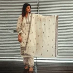 Off-White Pakistani Khadi Suit with Grey Embroidery & Handcrafted Thread Work