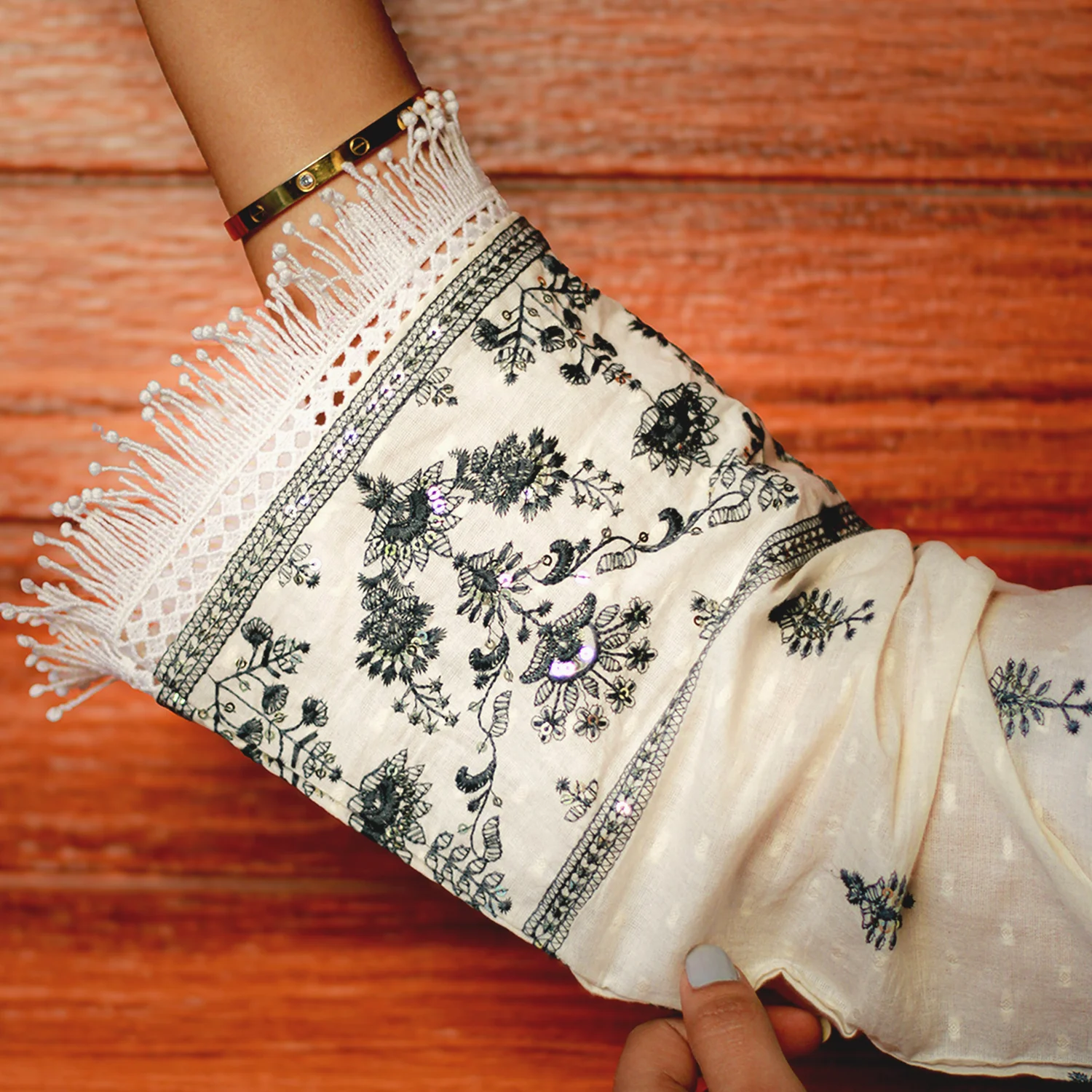 Off-White Pakistani Khadi Suit with Grey Embroidery & Handcrafted Thread Work