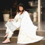 Off-White Pakistani Khadi Suit with Grey Embroidery & Handcrafted Thread Work