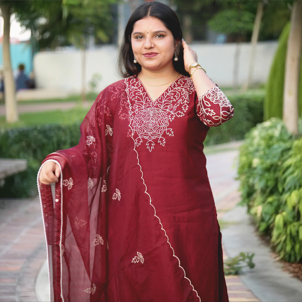 Maroon Blossom Embroidered Kurta Set