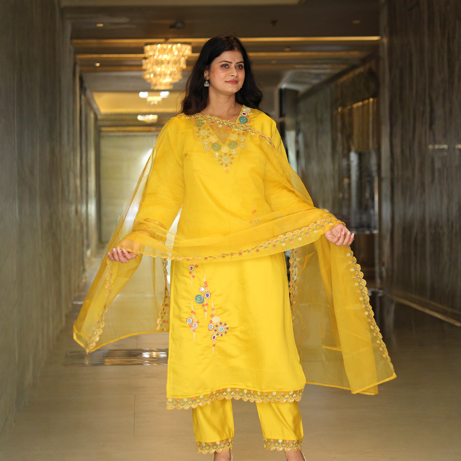 Mustard Yellow Silk Blend Suit Set with Organza Dupatta