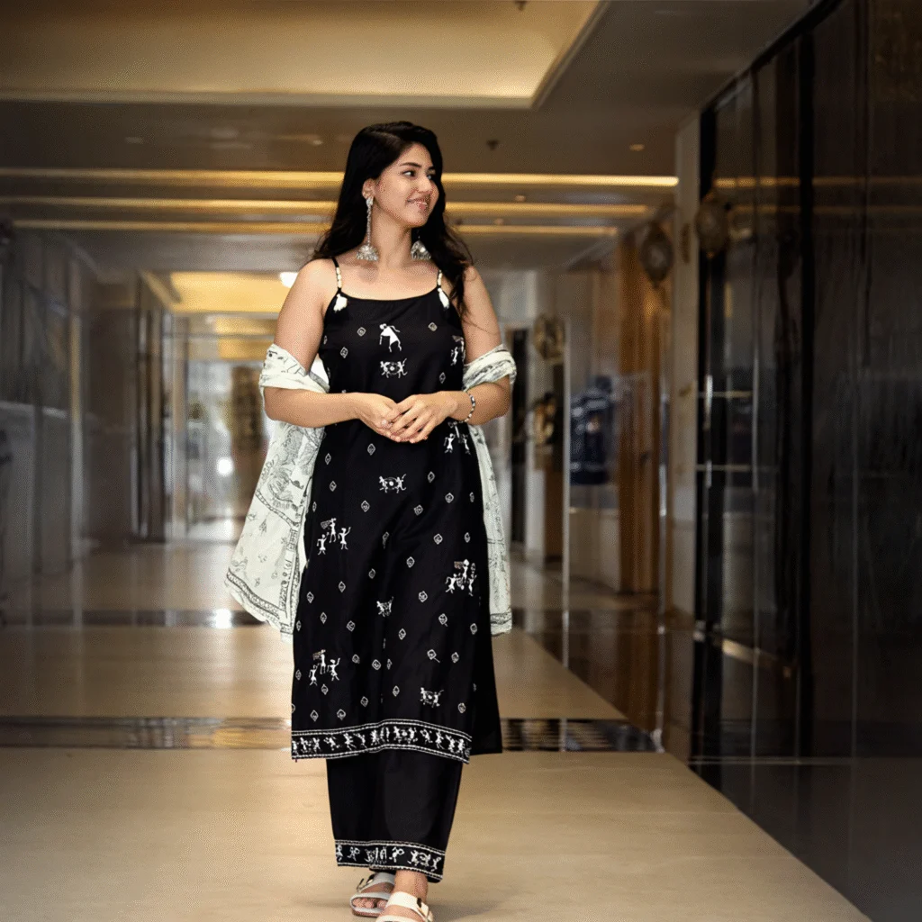 Black & Off-White Warli Handloom Cotton Kurta Set
