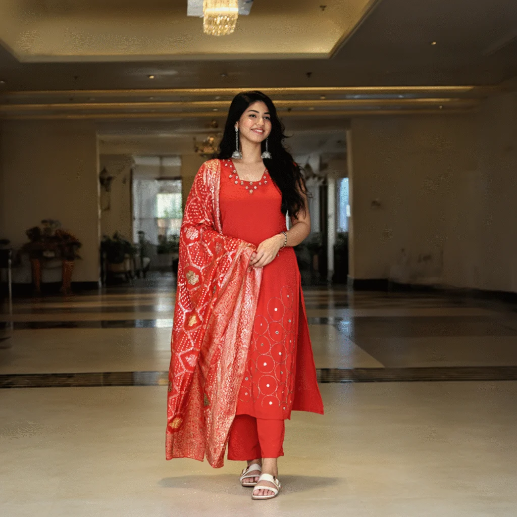 Cherry Tomato Cutdana Work Kurta Set with Banarasi Dupatta