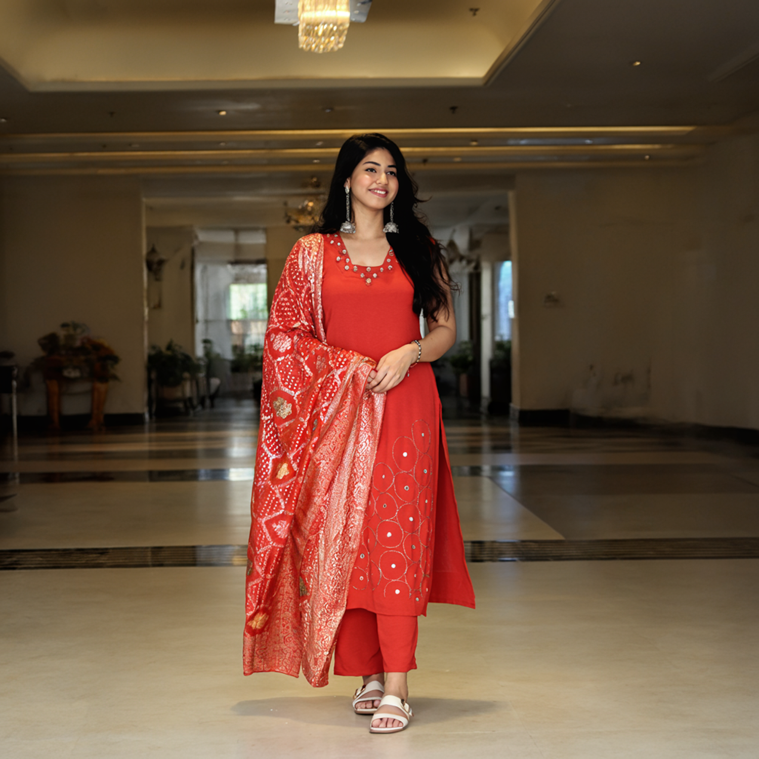 Cherry Tomato Cutdana Work Kurta Set with Banarasi Dupatta