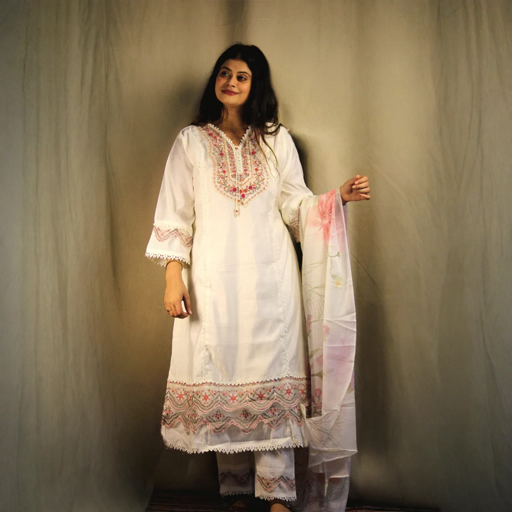 Off-White Chanderi Silk Anarkali Suit with Handcrafted Cutdana Work
