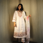 Off-White Chanderi Silk Anarkali Suit with Handcrafted Cutdana Work