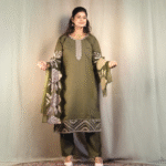 Green Silk Mix Embroidered Straight Suit Set
