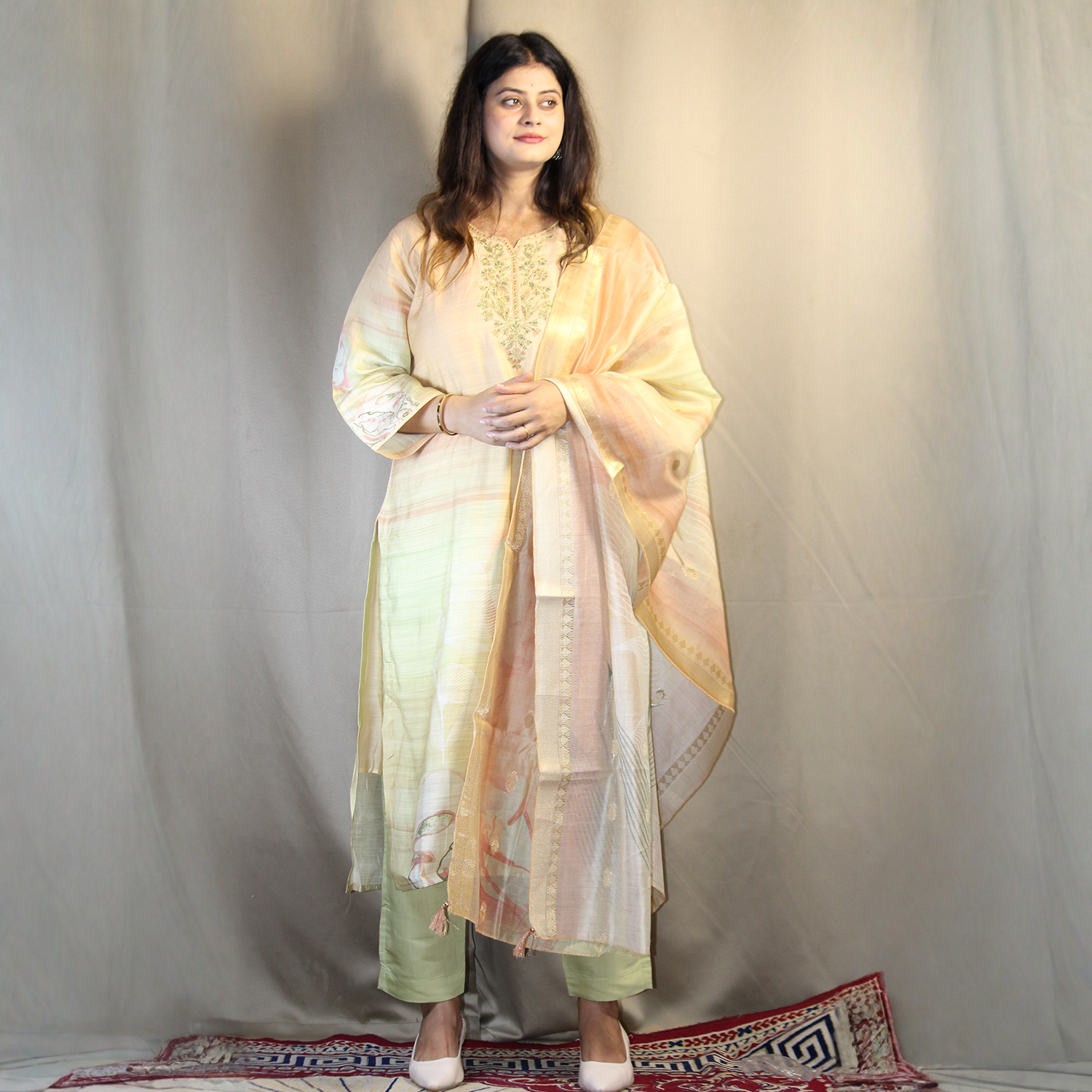 Gold & Mint Green Silk Suit Set with Elegant Thread Embroidery