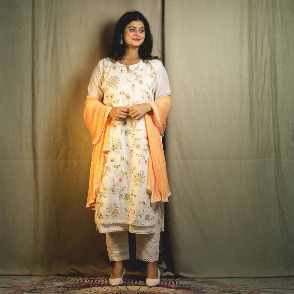 Peach & Off-White Pure Cotton Suit Set with Thread Work Embroidery