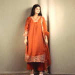 Orange Silk Mix Flared Suit Set with Embroidered Detailing