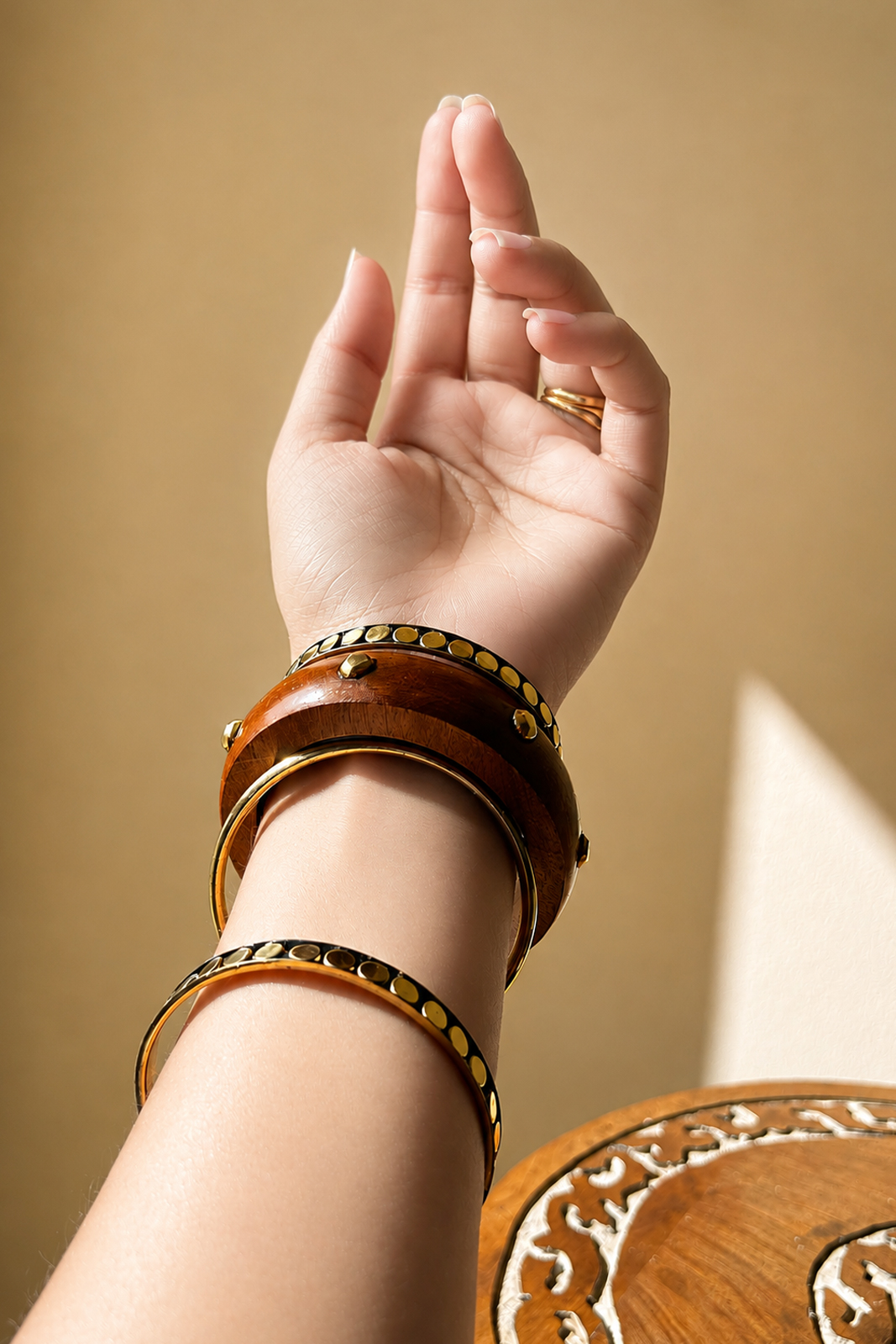 Handcrafted Wooden Bangle Set for Women | Antique Gold Accent Bangles