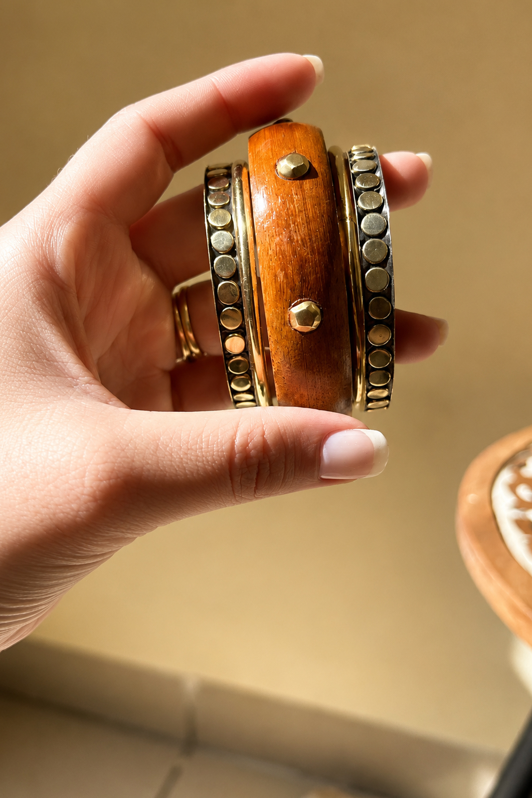 Handcrafted Wooden Bangle Set for Women | Antique Gold Accent Bangles