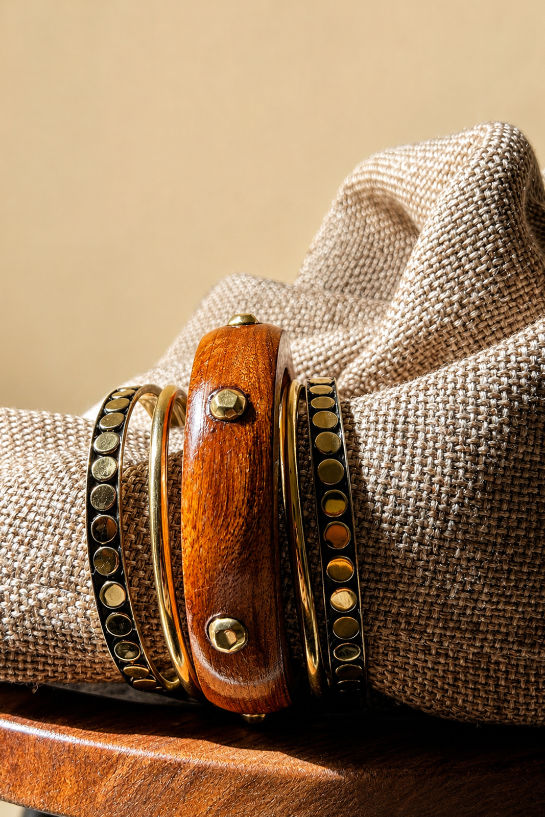 Handcrafted Wooden Bangle Set for Women | Antique Gold Accent Bangles