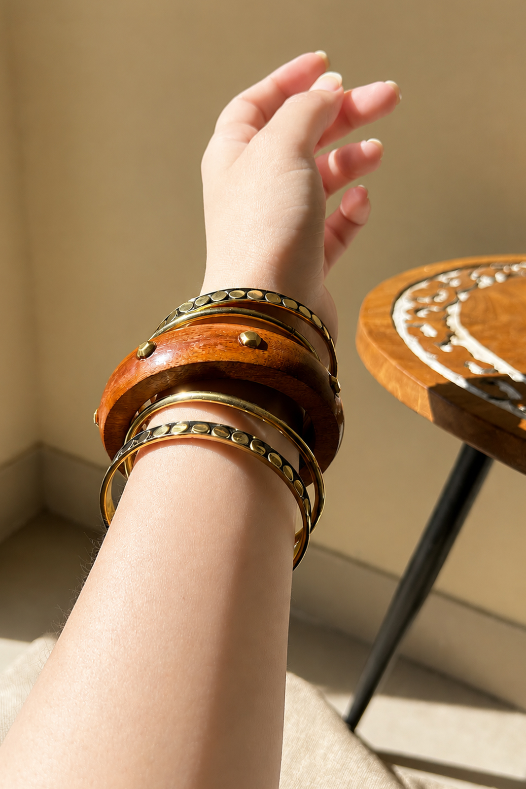 Handcrafted Wooden Bangle Set for Women | Antique Gold Accent Bangles