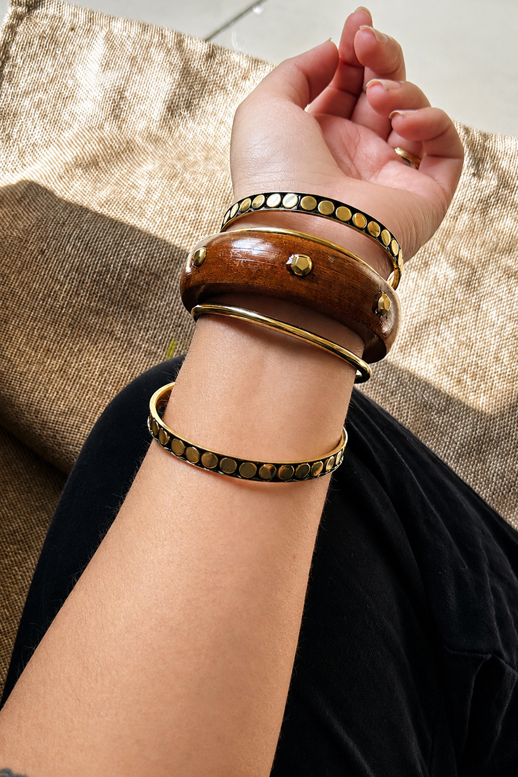 Handcrafted Wooden Bangle Set for Women | Antique Gold Accent Bangles