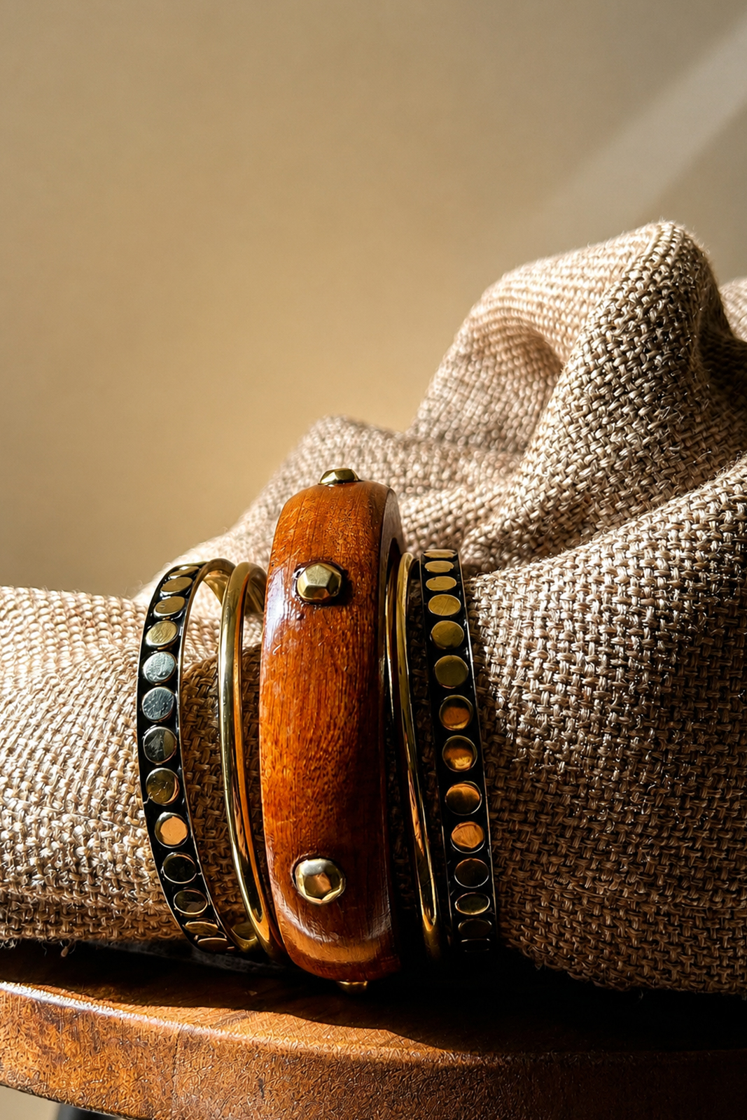 Handcrafted Wooden Bangle Set for Women | Antique Gold Accent Bangles