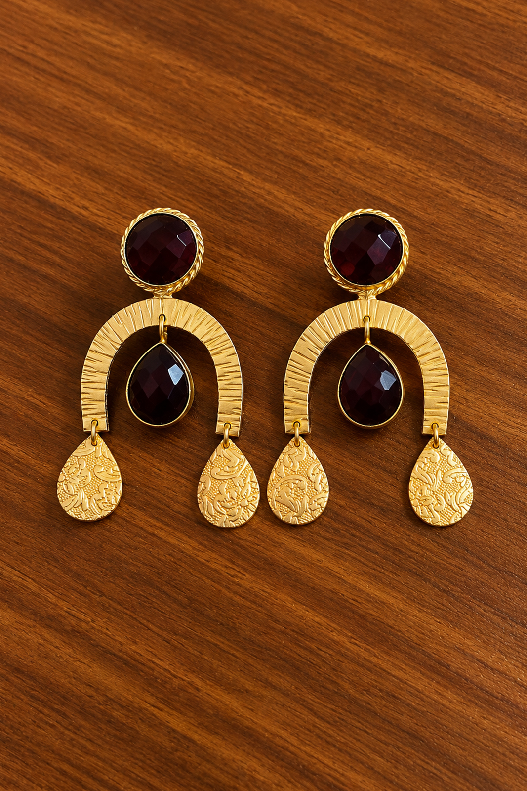 Ruby Red Stone Gold Statement Earrings