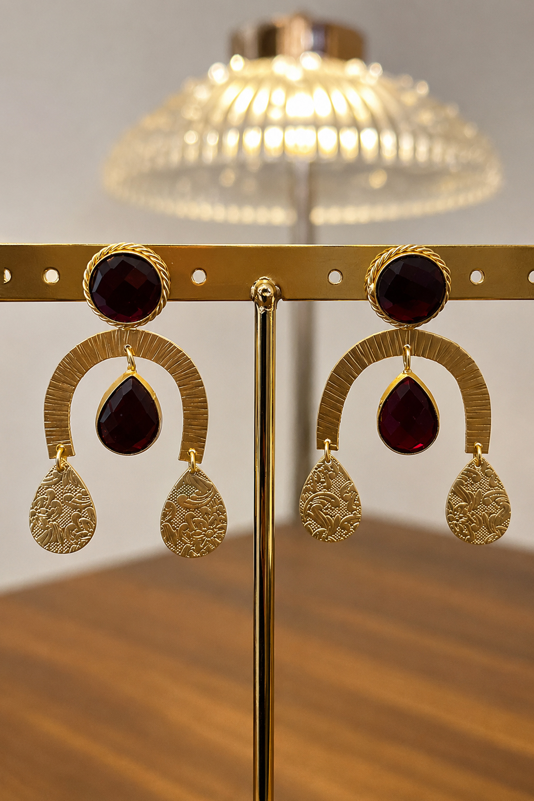 Ruby Red Stone Gold Statement Earrings