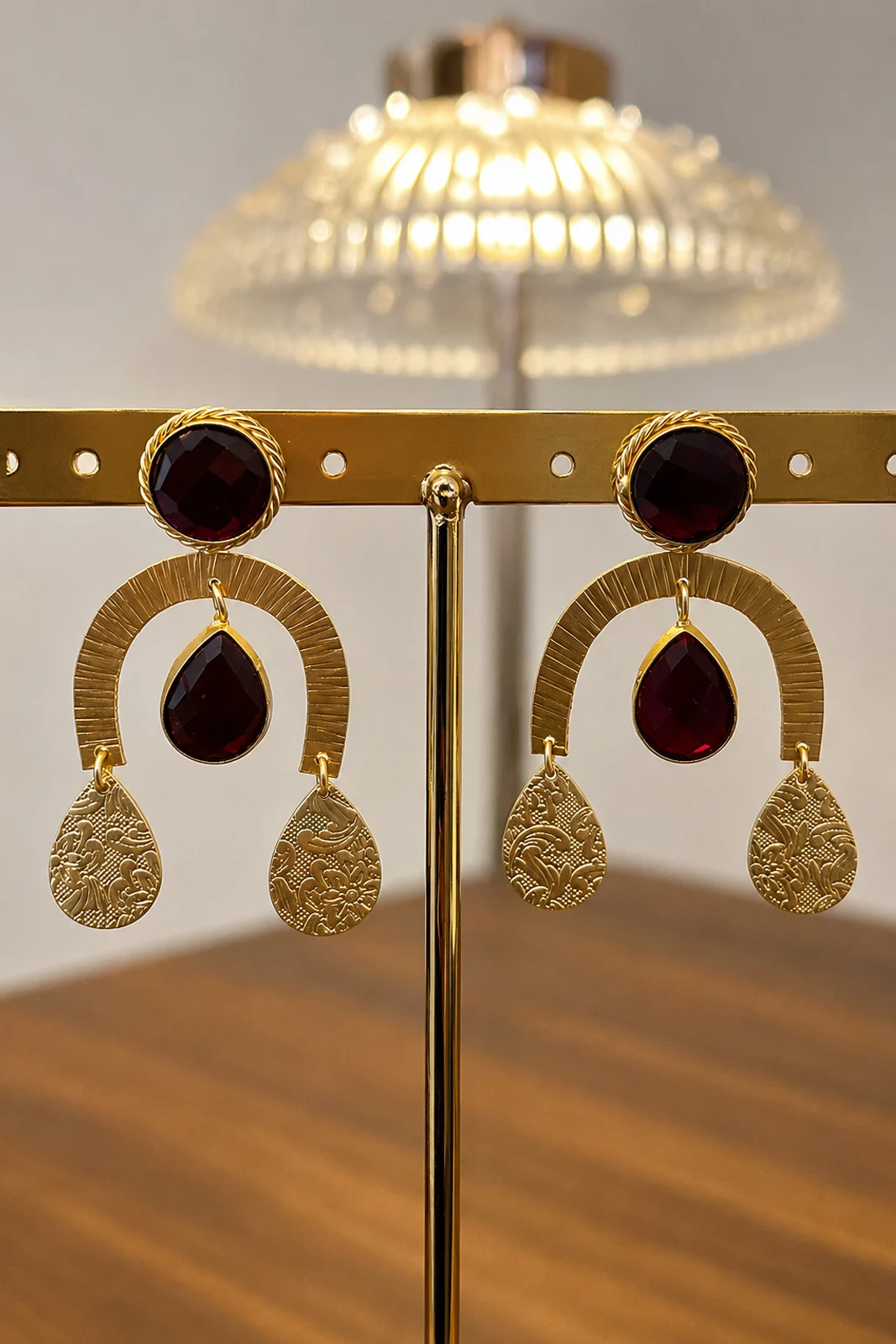 Ruby Red Stone Gold Statement Earrings