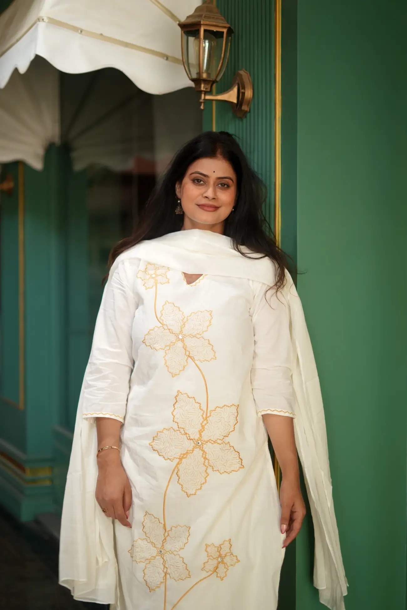 Ivory Floral Embroidered Cotton Suit Set