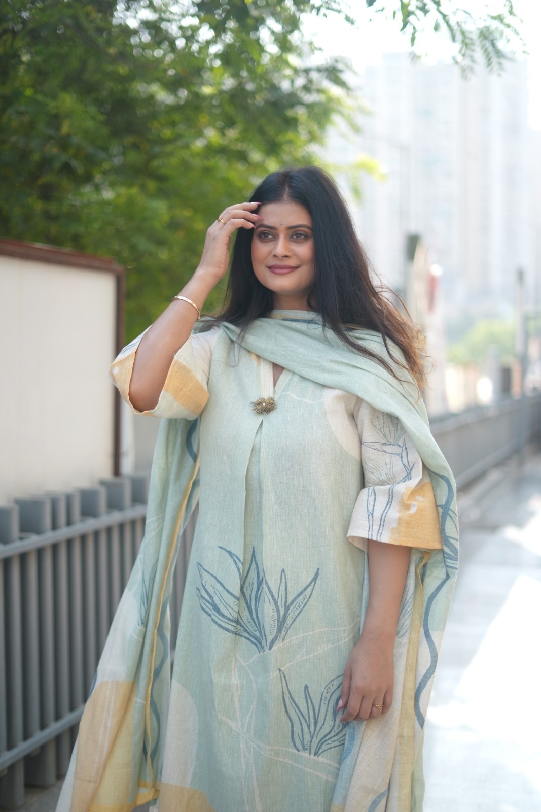 Sage Bloom Linen-Cotton Kurta Set with Dupatta