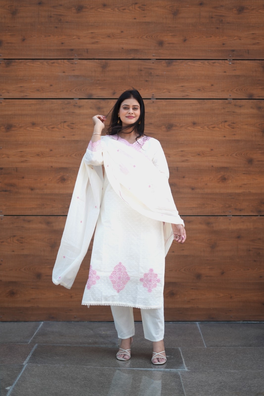 White Pink Embroidered Cotton Dobby Suit Set