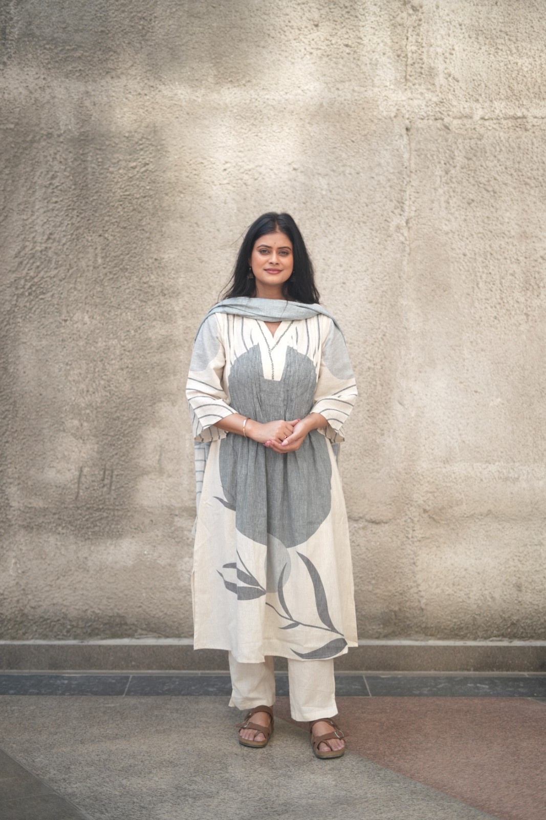 Grey Abstract Botanical Print Linen Cotton Suit Set