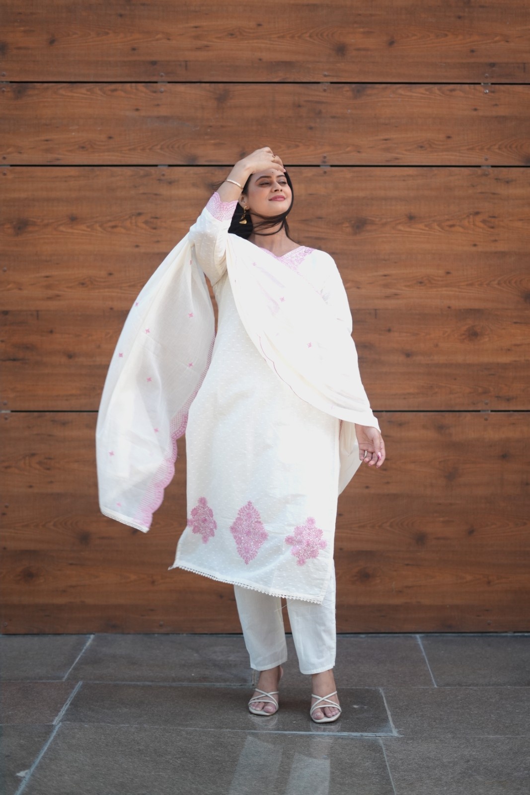 White Pink Embroidered Cotton Dobby Suit Set