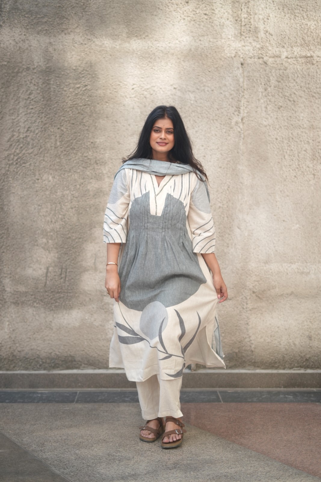 Grey Abstract Botanical Print Linen Cotton Suit Set