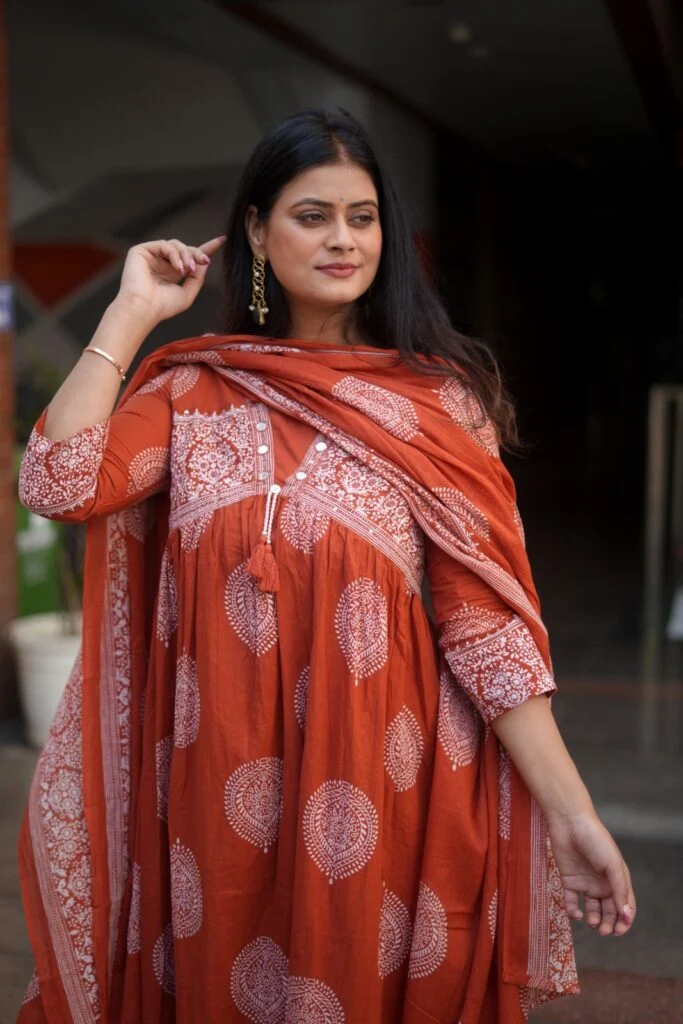 Rust Orange Handblock Inspired Flared Kurta Set with Dupatta