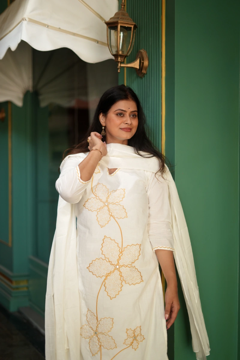 Ivory Floral Embroidered Cotton Suit Set