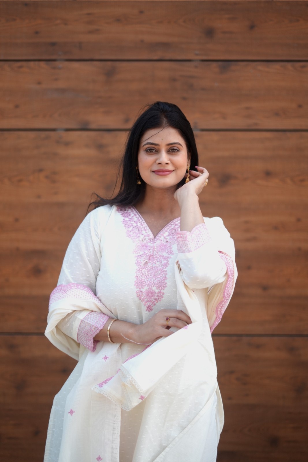 White Pink Embroidered Cotton Dobby Suit Set